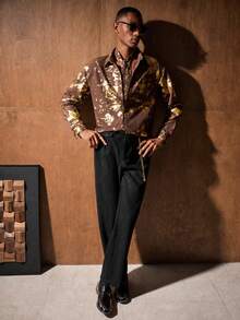 HIMLAND Luxurious Brown Shirt With Gold Metallic Abstract Print Long Sleeve Casual Button Down Top
Fashionable Long Sleeve Button Down Shirt Gold - Coffee Brown - View 6
