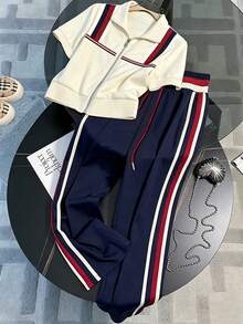 SHEIN Cardigan de manga corta con cuello suelto y pantalones rectos con bolsillo en diagonal - Multicolor - Ver 1