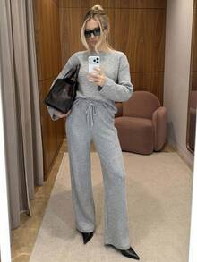 Solid Color Long Sleeve Top And Pants Set - Grey - View 1