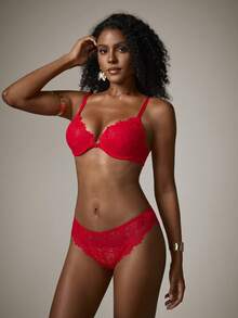 DreamPoppy Peach Girl 1 Set/2pcs Red Lace Women's Lingerie Set - Sexy Push-Up Bra And Panty, Perfect Choice For Romantic Nights - Red - View 6