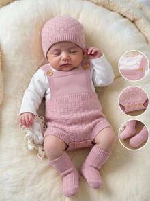 SHEIN Newborn Baby Girls' Pink Knit Romper, Socks & Hat 3-Piece Set, Solid Color & Versatile, Perfect For Daily Wear In Spring, Autumn, And Winter - Pink - View 9