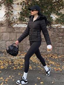 DAZY Women's Solid Color Plush Hooded Zip-Up Casual Daily Winter Padded Coat Fall Jacket - Black - View 5