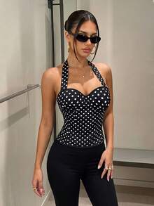 SomedayCozy Women's French Polka Dot Print Sexy Halter Tie Top,Y2k Summer Tops,Tops For Summer,Corset,Crop Top,Shirt,Summer Outfits,Tank Top,Going Out - Black and White - View 5