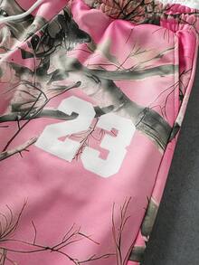 ROMWE MEN Men's Letter Print Hoodie And Drawstring Waist Long Pants Set - Pink - View 8
