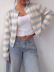 SHEIN BASICS 女款休閒針織開襟衫，條紋設計，適合秋冬/夏季，街頭風，適用於日常通勤、約會、學校教師、派對、婚禮 - 彩色 - 查看 5