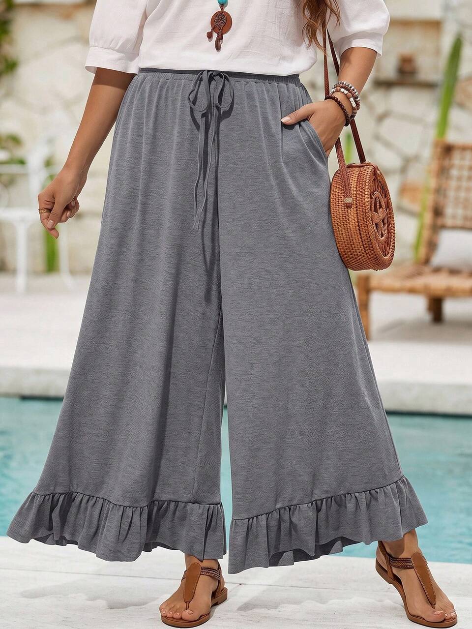 Plus Size Casual Traditional Elegant Vacation Ruffle Wide Leg Pants, Autumn For Women, Back To School Going Out Formal Country Concert Fall Gray