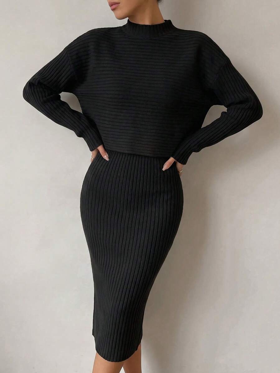Cotton Women's Stand Collar Ribbed Top And Skirt Set - Black - View 1
