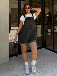 Dripcurv Plus Size Women's Pocket Casual Everyday Denim Romper - Black - View 5