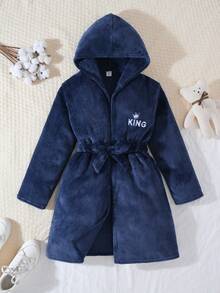 兒童青少年男孩休閒秋冬款毛絨字母圖案藍色連帽家居服睡袍睡衣，柔軟親膚法蘭絨 - 寶藍色 - 查看 3
