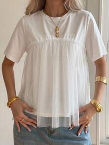 FRIFUL Women's Round Neck Loose 2 In 1 Mesh Patchwork Wide Hem Loose Solid Color T-Shirt - White - View 2