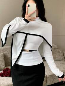 Celisse Women's Design Patchwork Contrast Color Shawl Collar Long Sleeve V-Neck Knit Base Layer T-Shirt, Elegant Commute Style For Autumn - Multicolor - View 4