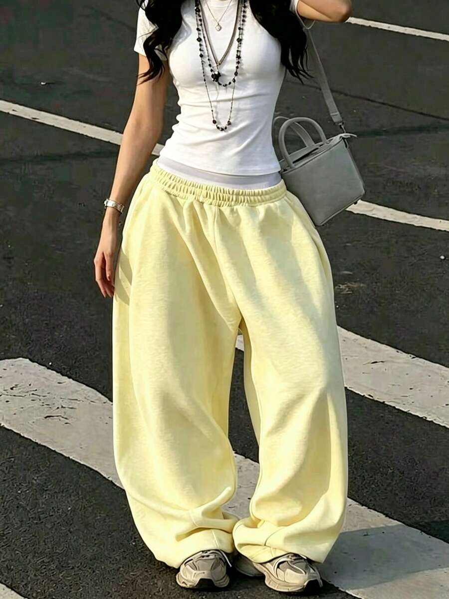 SHEIN 女款休閒街頭風鬆緊腰寬腿運動長褲 - 黃色 - 查看 1