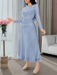 Feyla Women's Light Blue Crew Neck Lace And Pleated Midi Dress With Bow Detail Elegant Party Dress - Blue - View 5
