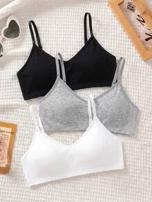 SHEIN 3pcs Tween Girls' Simple Basic V-Neck Padded & Breathable Lingerie Set White - Multicolor - View 6