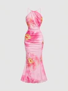 SHEIN MOD 女款甜美時尚花卉印花百褶細肩帶洋裝 - 粉色 - 查看 3