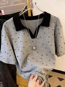 Resyla Polka Dot Digital Print Fashionable Minimalist Women's Polo Shirt, Gift For Friends - Light Grey - View 1
