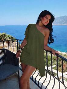 Aloruh Women's Solid Color One Shoulder Short Sleeve Ruched Fashion Mini Dress For Vacation - Army Green - View 8