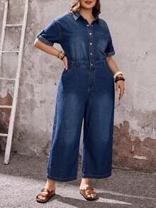 EMERY ROSE EMERY ROSE Plus Size Fashion Button Short Sleeve Pocket Denim Jumpsuit,Halloween Vacation Outfits Dates Vacation Blue Summer Normal Traditional - Blue - View 7