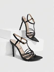 CUCCOO SZL Black Spiral Heel, Classic T-Strap, Stable Structure And Modified Instep, Visually Thin. Strap Weaving Delicacy, Party, Commute, Dating, Pointed Versa - Black - View 4