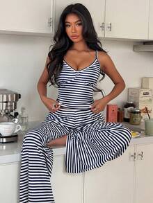ZzzCrew Women's Casual Striped Print V-Neck Camisole & Pants Pajama Set - Navy Blue - View 5