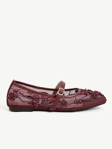 CUCCOO CHICEST 女款網布刺繡珍珠瑪麗珍平底鞋，扣環設計，通勤約會婚禮日常溫柔透氣百搭女鞋 - 酒紅色 - 查看 3