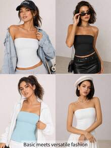 SHEIN BASICS Women's Solid Color Fitted Versatile Daily Wear Tube Top - Black - View 9