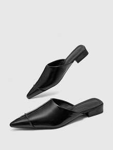 CUCCOO BIZCHIC Minimalist Style, Black Pointed Toe And Low Heels, Mules, Wearing Versatile Bright Leather, Slouchy Half-Towed Closed Toe Sandals - Black - View 8