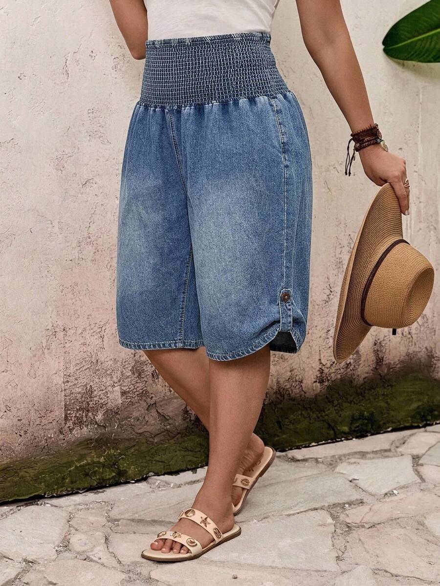 EMERY ROSE EMERY ROSE Jeans de Mezclilla con Cintura Fruncida Casual de Verano Talla Grande - Azul - Ver 1