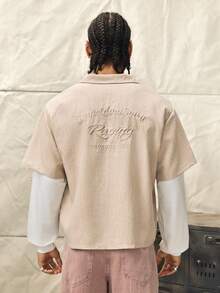 Men's Embroidered Single-Breasted Patchwork Sleeve Fashion Shirt - Brown - View 2