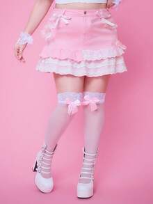 ROMWE Kawaii 大码甜美蕾丝边和蝴蝶结装饰牛仔迷你裙 - 淺粉色 - 查看 7