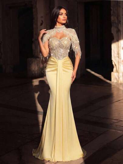 Glamrae Elegant Luxurious Beaded Bubble Diamond Tassel Jacket Sexy Bandeau Patchwork Elastic Knit Mermaid Skirt Suitable For Wedding Events, Bachelorette Party, Vacation, Prom, Holiday, Graduation Season, Music Festival, Evening Gala Dress (Heavy Embellished Style)
