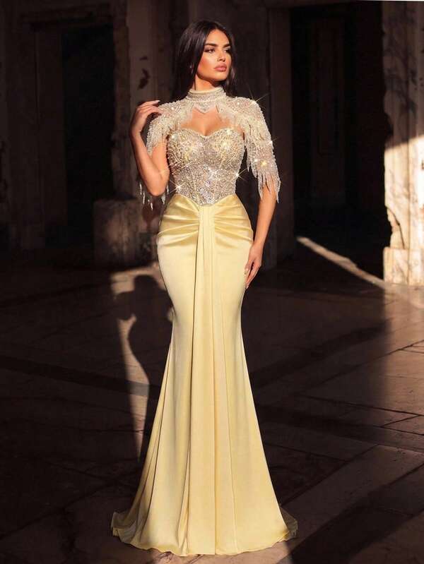 Glamrae Áo khoác tua đính hạt kim cương bong bóng sang trọng thanh lịch, chân váy đuôi cá dệt kim co giãn phối mảng màu gợi cảm, phù hợp cho đám cưới, tiệc độc thân, du lịch, dạ hội, lễ tốt nghiệp, lễ hội âm nhạc, dạ tiệc tối (phong cách đính kết cầu kỳ)