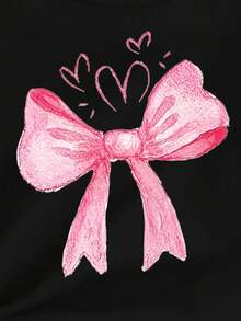 Girls' Fashionable Fresh Minimalist Pink Bow Print Basic Cotton Short T-Shirt, Comfortable Daily Wear Black Top - Black - View 8