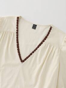 LUMIGAL Vintage Casual Apricot Shell Embroidery Contrast Color V-Neck Cuff Lace Contrast Color Flared Sleeve Long Sleeve Women's Blouse - Apricot - View 5