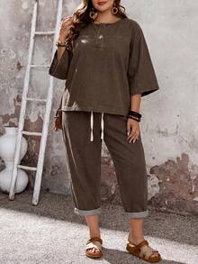 EMERY ROSE CURVE Plus Size Casual Washed Denim Top And Pants 2 Pieces Set - Brown - View 2