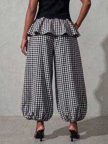 BamGlimmer Women's Plaid Pleated Casual Versatile Daily Lantern Pants - Black and White - View 2