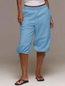 MUSERA Low Rise Adjustable Toggle Cropped Joggers Altitude Spring Summer Cute Vacation Holiday Airport Lounge Casual Everyday - Teal Blue - View 2