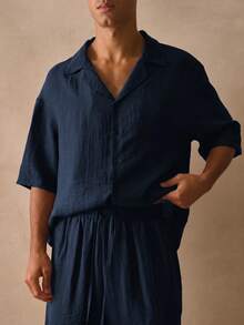 Musero Se vende como un conjunto de camisa corta abotonada de manga corta y pantalones cortos, esenciales de primavera y verano - Azul Marino - Ver 2