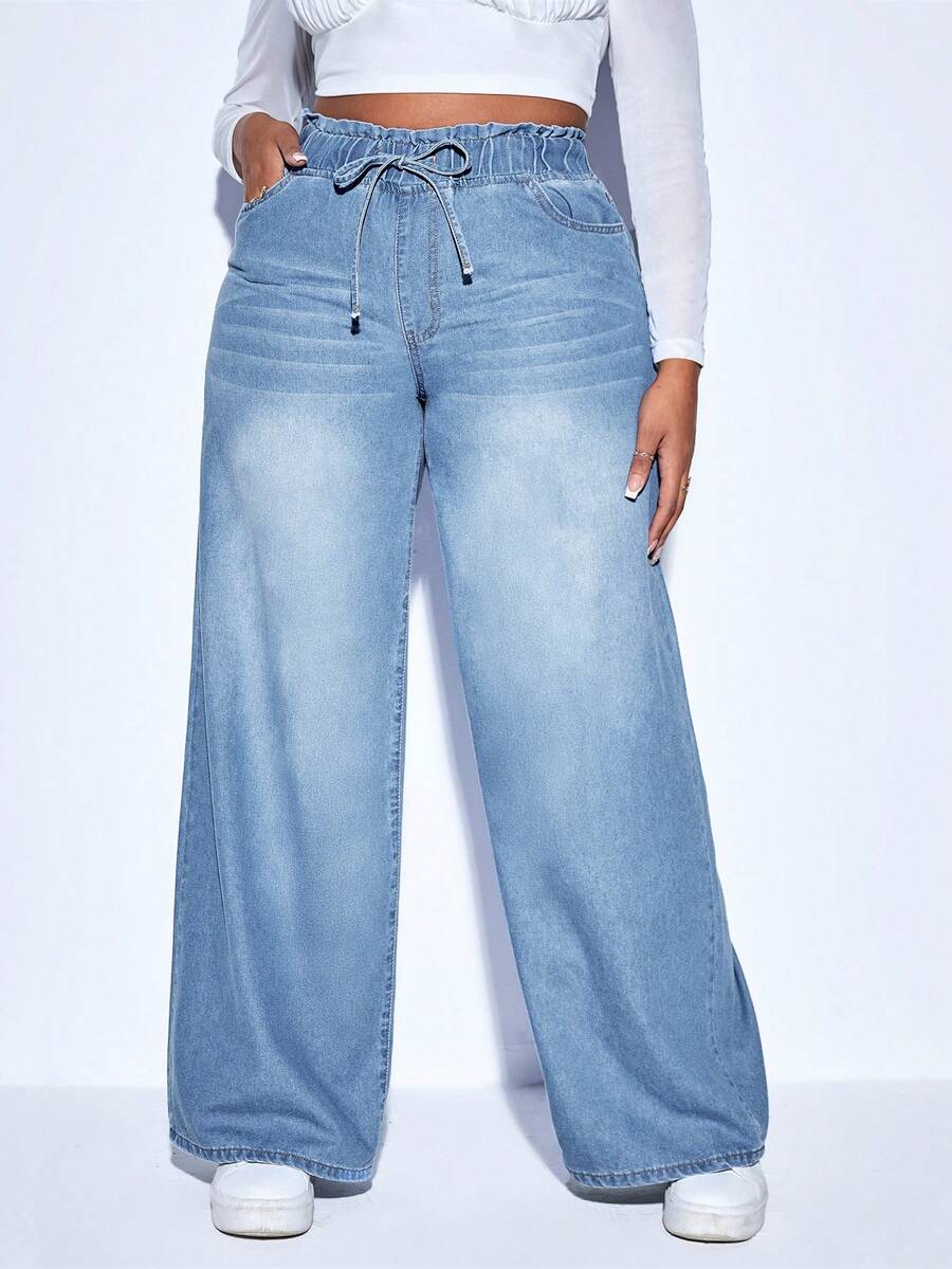 SHEIN ICON 大尺碼休閒水洗寬鬆直筒牛仔褲 - 淺色水洗藍 - 查看 1