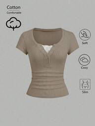 Sweetra Streetwear Women's Half-Open Grommet Decor Lace 2 In 1 Short Sleeve Solid Color T-Shirt