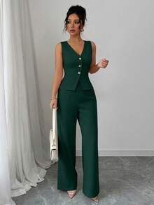 Elenzga Women's Elegant Sleeveless Blazer Vest And Pants Suit Set, Business/Commute Style, Summer - Green - View 5