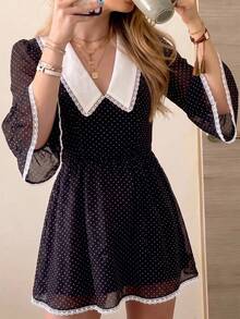Cévolie Women's Polka Dot Print Flare Sleeve Fashion Mini Dress - Black - View 4