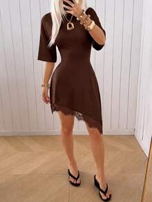 SHEIN EZwear 女款優雅度假風蕾絲拼接不對稱下擺洋裝 - 棕色 - 查看 3