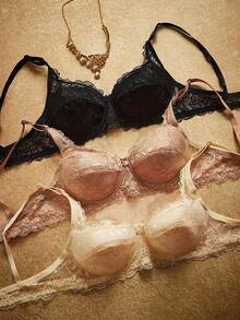 PinupPomp 3pcs/Set Women Minimalist Wire-Free Bra, Lace French Lingerie Set - Multicolor - View 3