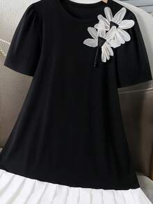 少女可爱活泼圆领短袖连衣裙，饰有3D立体花朵图案和褶裥下摆，适合外出和聚会，春夏款 - 黑色 - 查看 5
