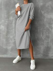 SHEIN Cottnline Solid Split Hem Sweatshirt Dress - Grey - View 3