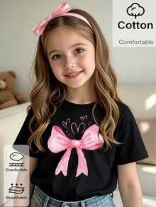 Girls' Fashionable Fresh Minimalist Pink Bow Print Basic Cotton Short T-Shirt, Comfortable Daily Wear Black Top - Black - View 3