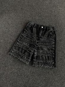 Kids Tween Boy Casual Denim Shorts With Pockets And Frayed Hem For Daily Wear - Black - View 7