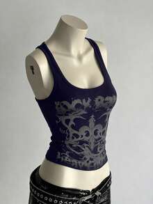 SHEIN Unity 女款全印花修身百搭日常上衣 - 藏蓝色 - 查看 4