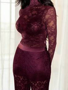Hindelle Blusa sexy de encaje elástico con estampado floral de peonías transparente para mujer (corte aleatorio) tela de otoño para vacaciones - Morado - Ver 5
